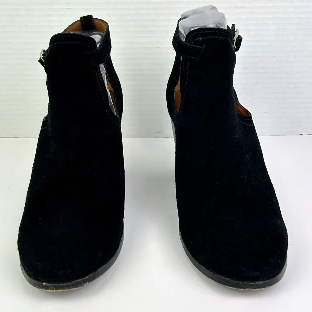 Frye Meghan Ankle Boots Black Suede Booties Cutout Strap w/ Buckle Heeled sz 9